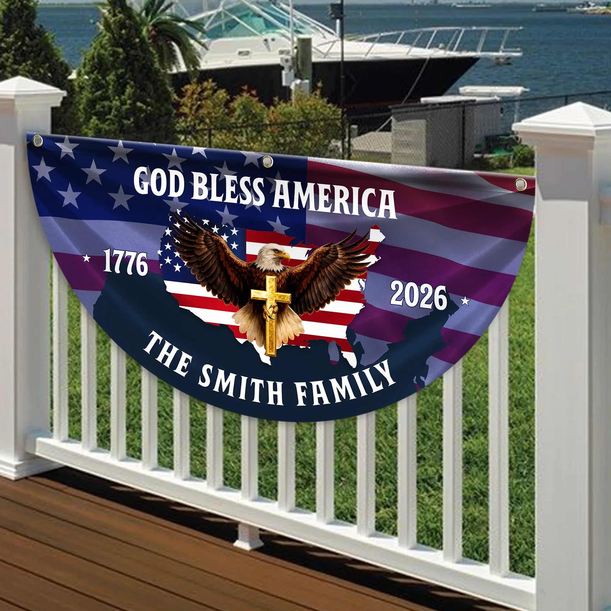 Personalized God Bless America Patriotic Eagle Fan Flag