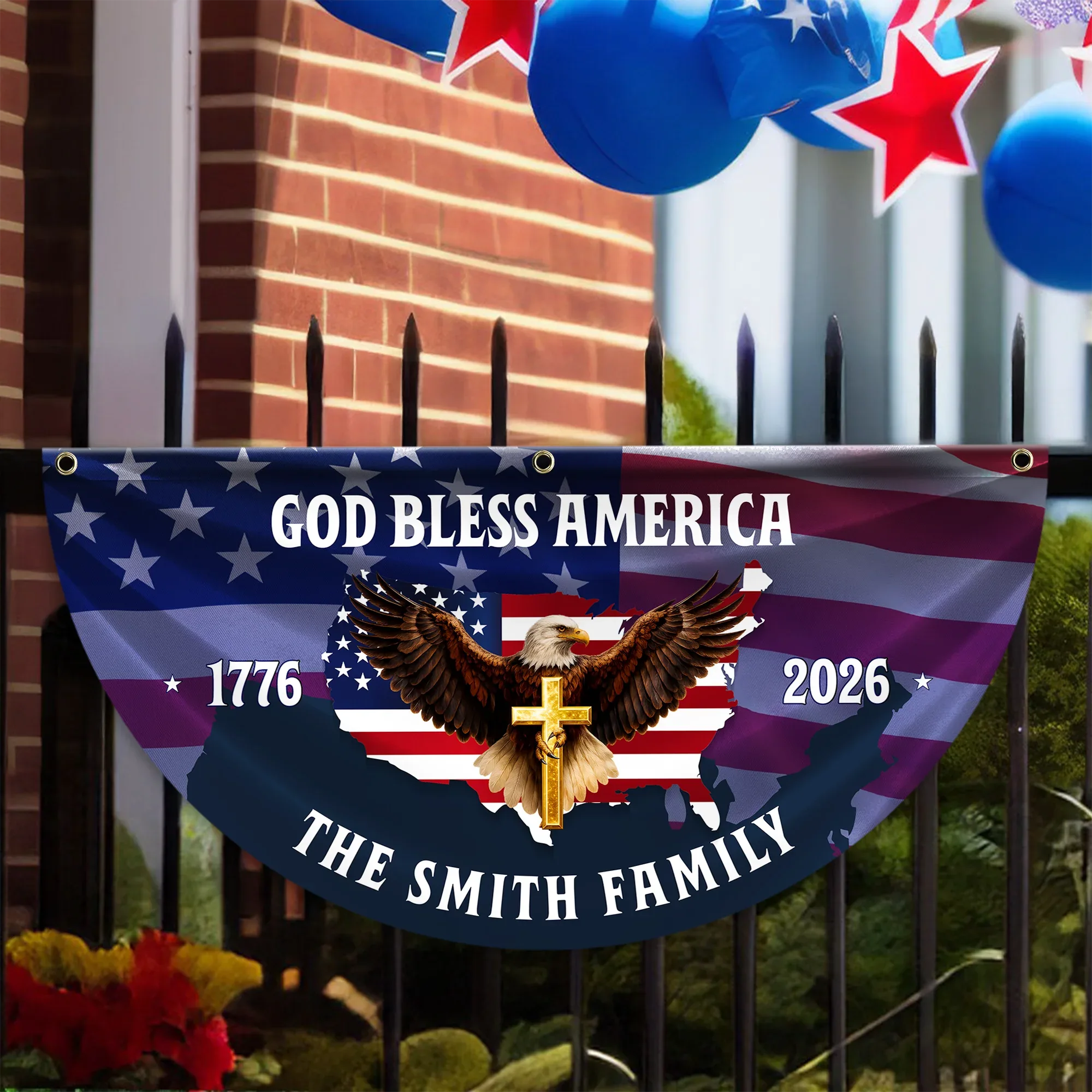 Personalized God Bless America Patriotic Eagle Fan Flag
