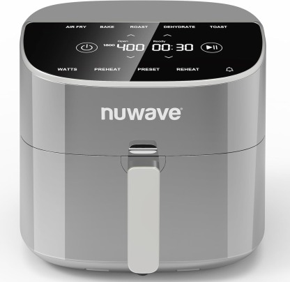 Nuwave Brio Plus 8 Qt Air Fryer, PFAS Free, New & Improved, Digital Touch Screen, Cool White Display, 50°F~400°F in Precise 5°, 5 Cook Functions, 100 Presets & 50 Memory, 3 Wattages 700, 1500, 1800