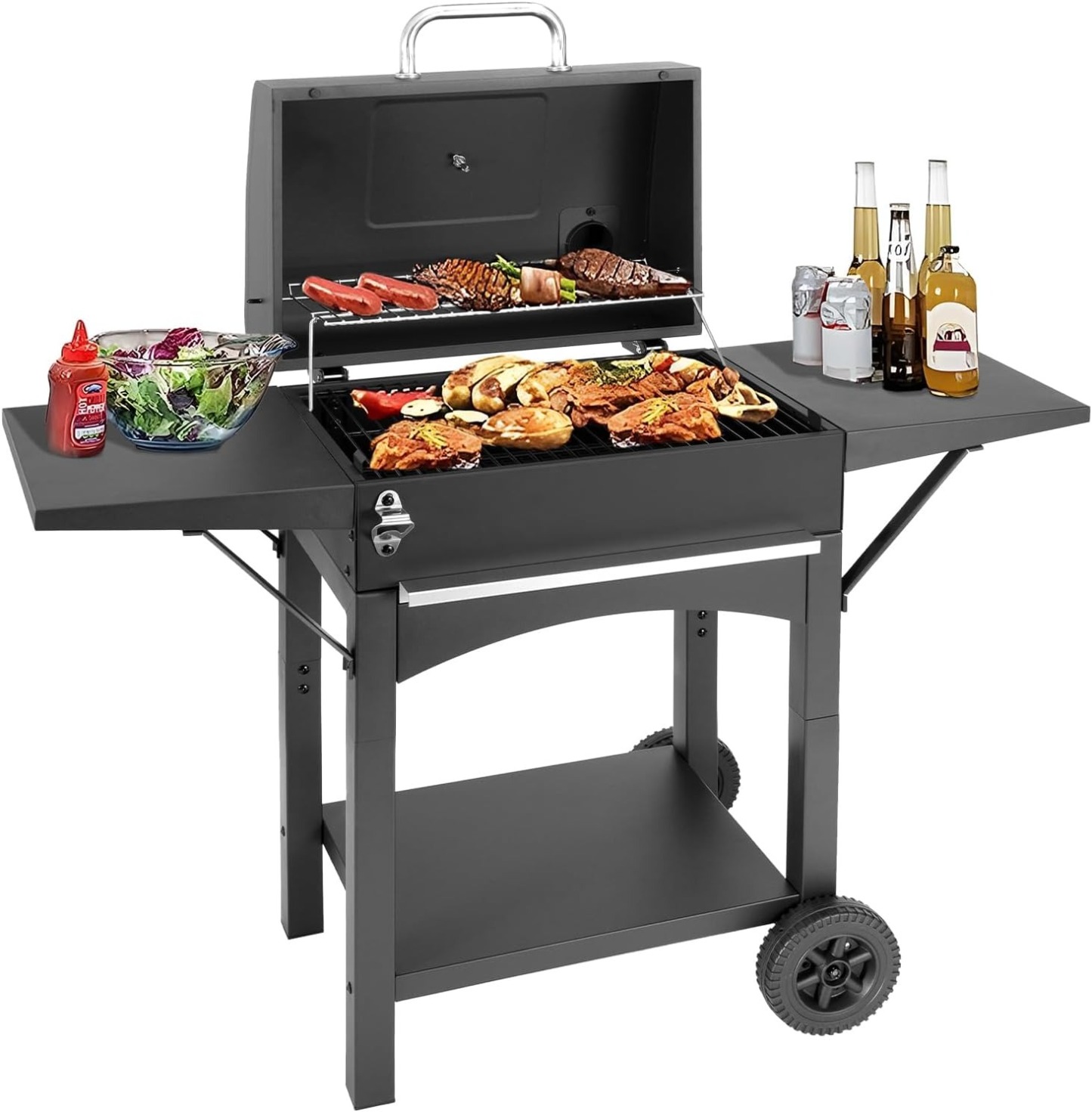 Portable Charcoal Grill with Smoking Function, Foldable Suitcase Design with Wheels, Multi-Tier Storage Rack & Waterproof Cover for Outdoor BBQ Parties (Black)