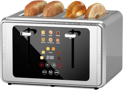 4 Slice Toaster, Touchscreen & Dual Independent Control Panel，5 Basic Functions & Digital Countdown Toasters, 6 Shade Settings＆6 Bread Types, Smart Bread Maker Mute/Screen-Off,Brushed steel