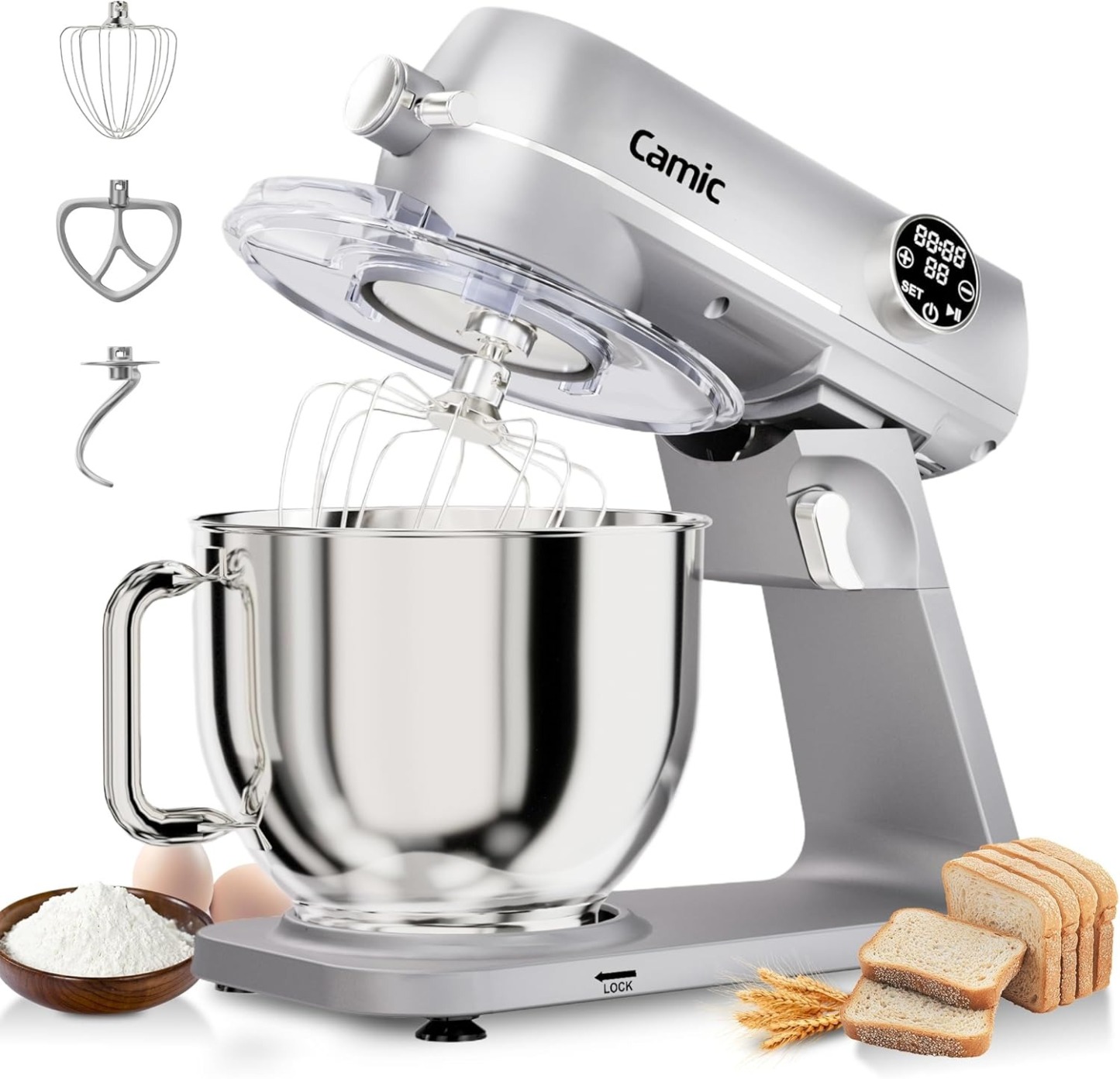 8.45 QT All Metal Stand Mixer,10 Speed Large Capacity Kitchen Mixer with Digital Timer & Tilt-Head, Electric Mixer with Whisk Dough Hook Mixing Beater for Baking,Cakes,Cookie,Bread,Salad(Silver)