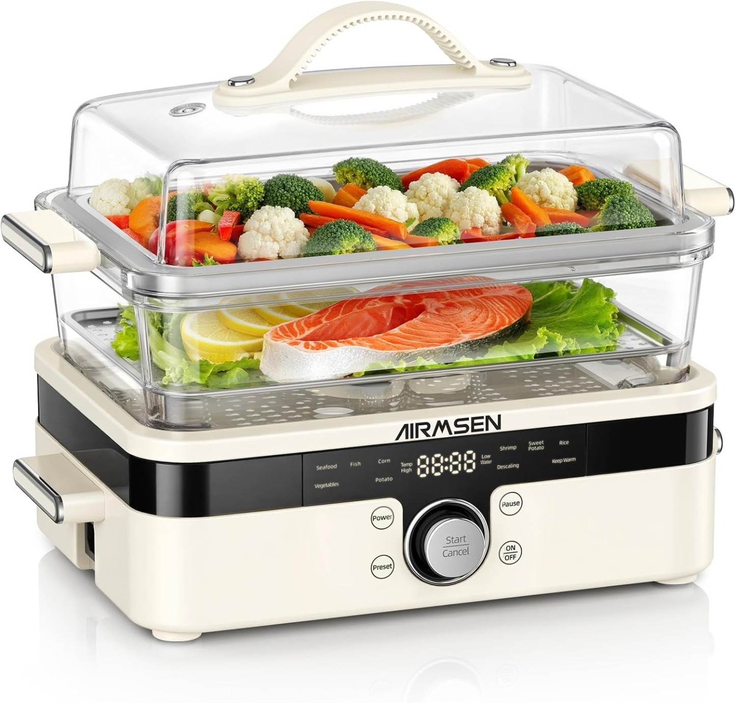 AIRMSEN Glass Food Steamer for Cooking - 8.5QT Vegetable Steamer with 2-Tier Stainless Steel Trays, 1200W Super Fast Heating for Veggies, Seafood & Rice, BPA-Free