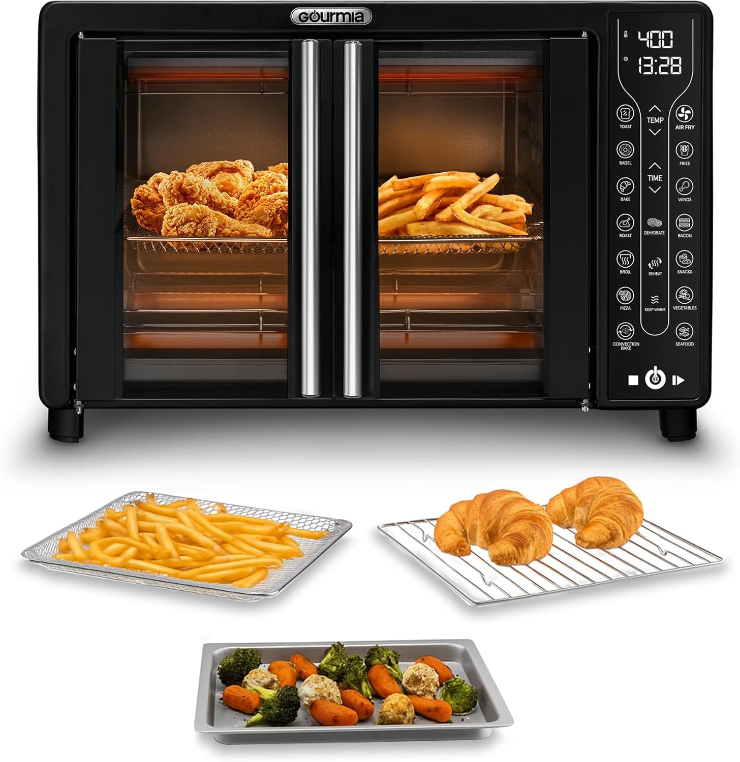 Gourmia French Door Air Fryer – 25 Qt Large Capacity Convection Oven, Fryforce 360°, Digital Display with 17 Cooking Presets, Bake, Toast, Roast, Dehydrate, Fits 12” Pizza