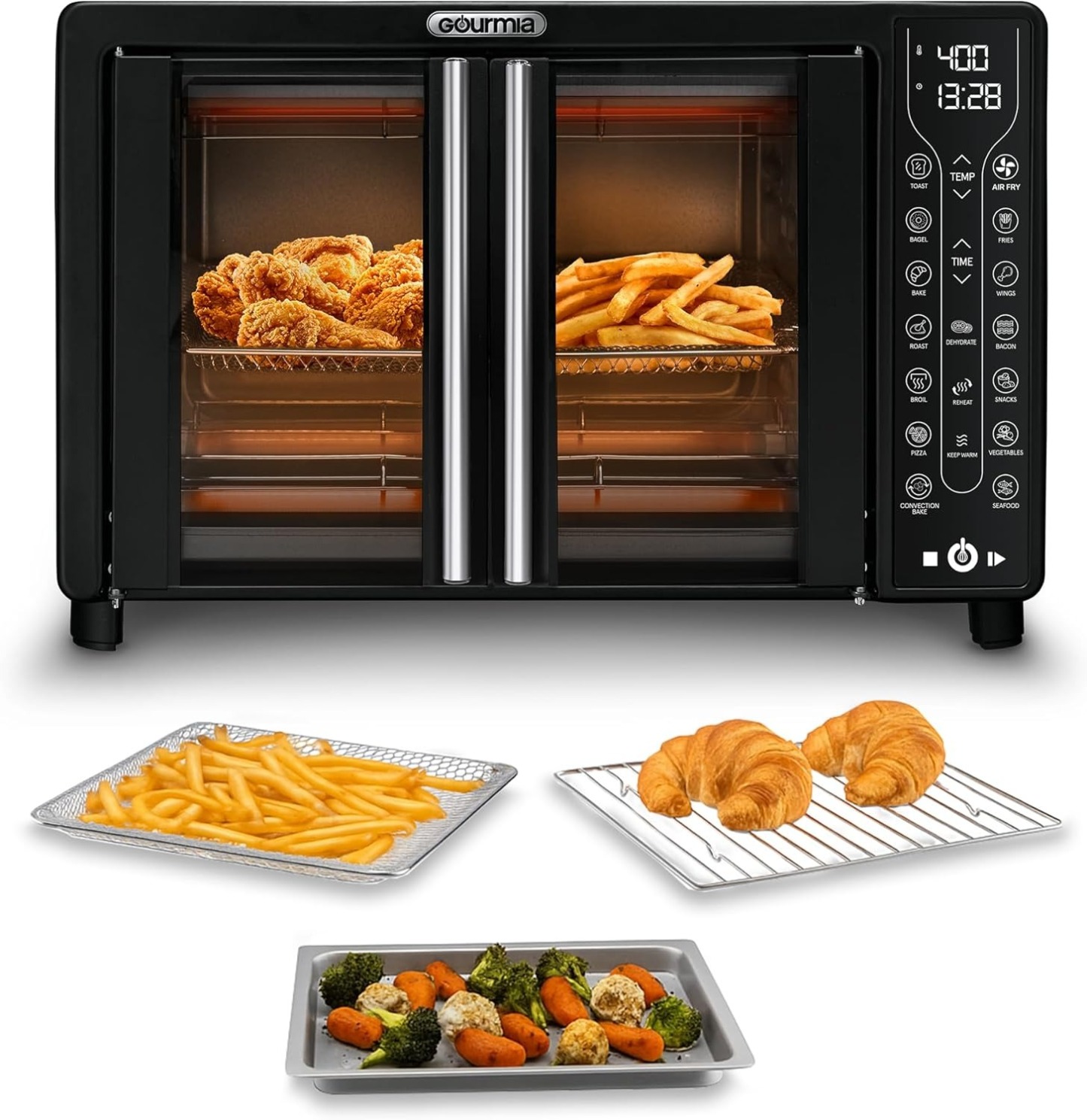 Gourmia French Door Air Fryer – 25 Qt Large Capacity Convection Oven, Fryforce 360°, Digital Display with 17 Cooking Presets, Bake, Toast, Roast, Dehydrate, Fits 12” Pizza