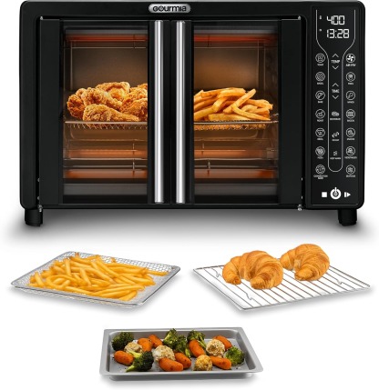 Gourmia French Door Air Fryer – 25 Qt Large Capacity Convection Oven, Fryforce 360°, Digital Display with 17 Cooking Presets, Bake, Toast, Roast, Dehydrate, Fits 12” Pizza