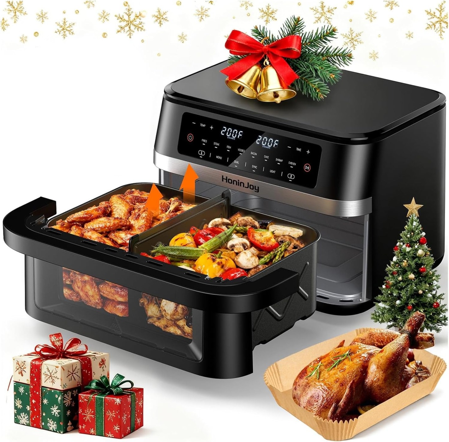 12QT Large Dual Basket Air Fryer with Flex Basket, Viewing Window and 50PCS Paper Liners, 12-in-1 Family Size with Sync & Dual & Light, Double Zone for Bake, Roast, Reheat, Dishwasher Safe