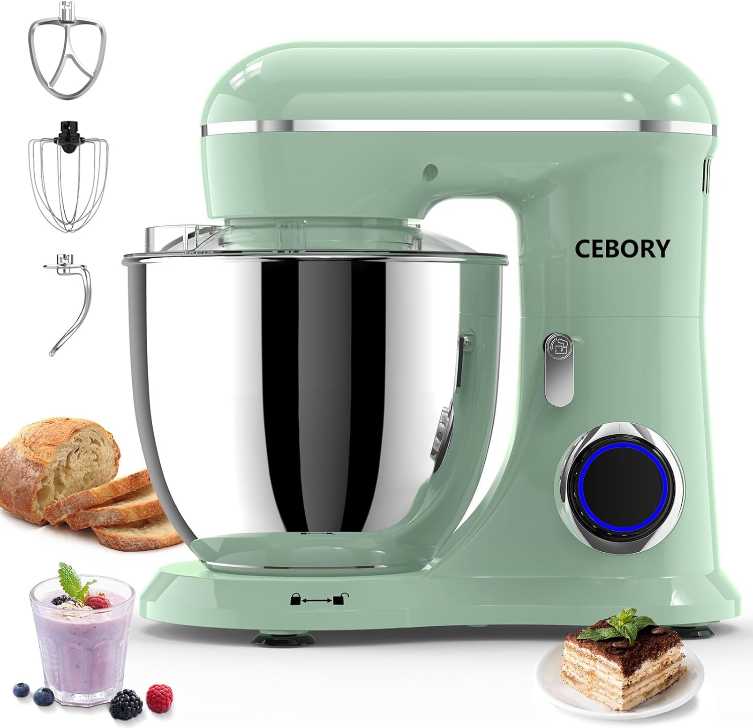 3-IN-1 Electric Stand Mixer, 6.5QT Bowl 660W 10-Speed Kitchen Mixer, Household Food Mixers include Dough Hook, Beater and Whisk, Bread Cake Mixer for Baking and Most Home Cooks, Green