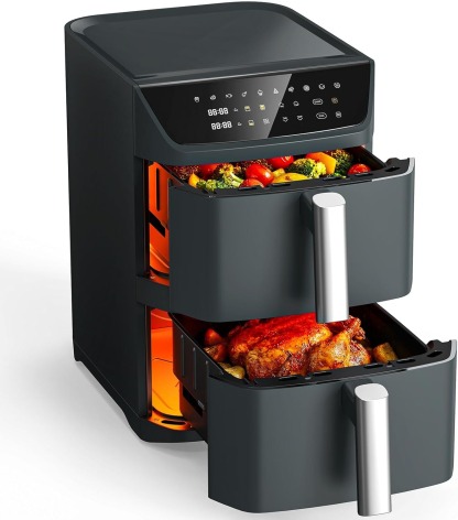 Dual Basket Air Fryer, 12.6QT Family-Size for 10–12 People, XL Basket for 6LB Whole Chicken, DoubleStack Compact Design, 10-in-1 Functions with Reheat, Dehydrate & SyncFinish, Dishwasher-Safe, Black