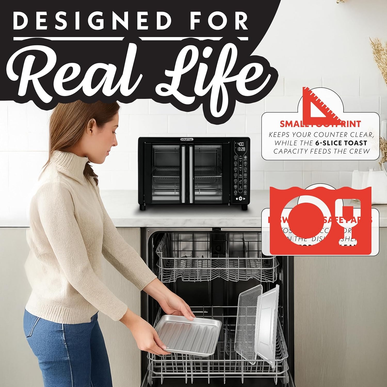 Gourmia French Door Air Fryer – 25 Qt Large Capacity Convection Oven, Fryforce 360°, Digital Display with 17 Cooking Presets, Bake, Toast, Roast, Dehydrate, Fits 12” Pizza