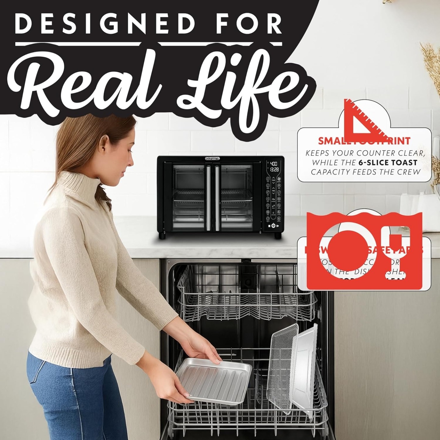 Gourmia French Door Air Fryer – 25 Qt Large Capacity Convection Oven, Fryforce 360°, Digital Display with 17 Cooking Presets, Bake, Toast, Roast, Dehydrate, Fits 12” Pizza