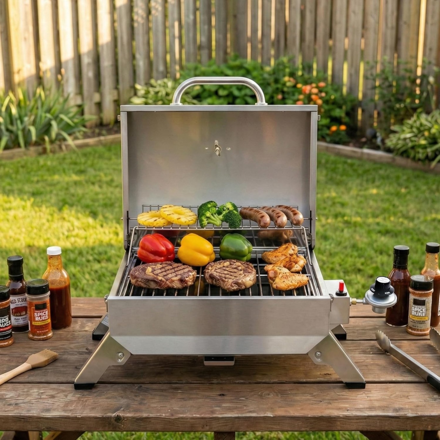 Royal Gourmet GT1001 Stainless Steel Portable Grill, 10000 BTU BBQ Tabletop Gas Grill with Folding Legs and Lockable Lid, Outdoor Camping, Deck and Tailgating, Silver