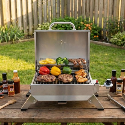 Royal Gourmet GT1001 Stainless Steel Portable Grill, 10000 BTU BBQ Tabletop Gas Grill with Folding Legs and Lockable Lid, Outdoor Camping, Deck and Tailgating, Silver