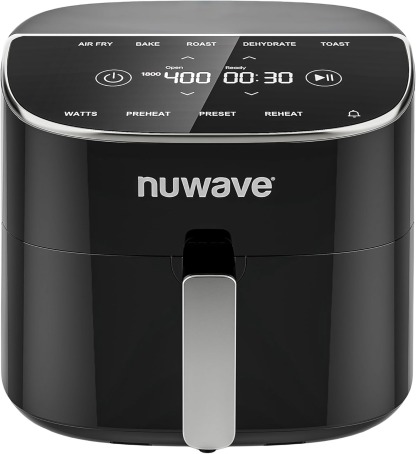 Nuwave Brio Plus 8 Qt Air Fryer, PFAS Free, New & Improved, Digital Touch Screen, Cool White Display, 50°F~400°F in Precise 5°, 5 Cook Functions, 100 Presets & 50 Memory, 3 Wattages 700, 1500, 1800