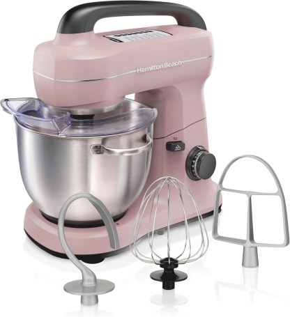 Hamilton Beach Electric Stand Mixer, 4 Quarts, Dough Hook, Flat Beater Attachments, Splash Guard, 7 Speeds with Whisk, Easy-Carry Top Handle, Aqua