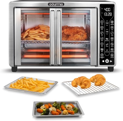 Gourmia French Door Air Fryer – 25 Qt Large Capacity Convection Oven, Fryforce 360°, Digital Display with 17 Cooking Presets, Bake, Toast, Roast, Dehydrate, Fits 12” Pizza