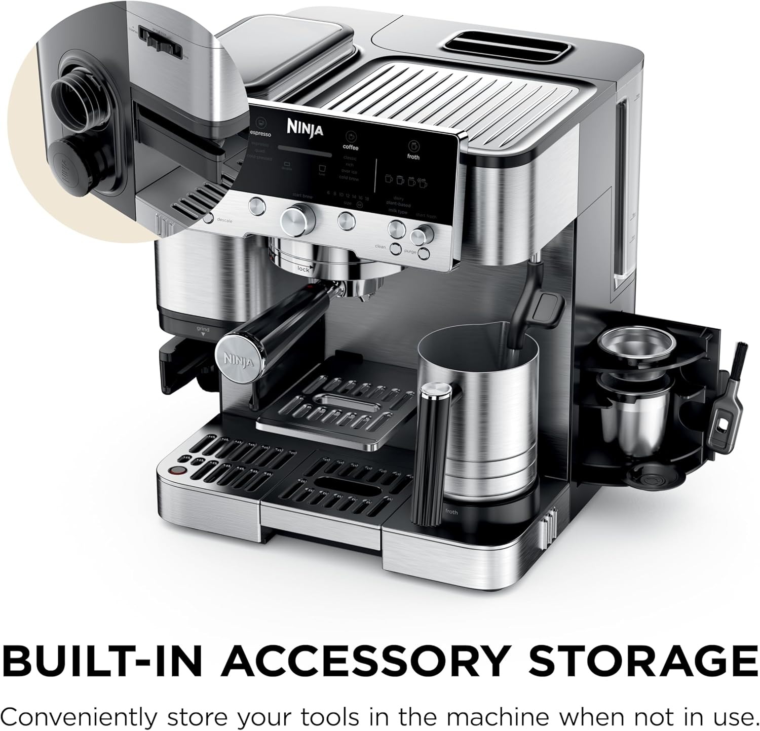 Ninja Luxe Café 3-in-1 Espresso, Drip Coffee and Cold Brew Machine | Integrated Coffee Grinder, Milk Frother, Assisted Tamper & Built-In Espresso Accessory Storage | Stainless Steel | ES601