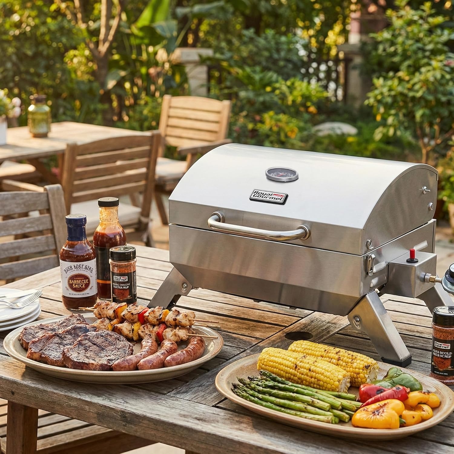 Royal Gourmet GT1001 Stainless Steel Portable Grill, 10000 BTU BBQ Tabletop Gas Grill with Folding Legs and Lockable Lid, Outdoor Camping, Deck and Tailgating, Silver