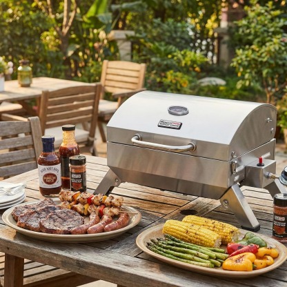 Royal Gourmet GT1001 Stainless Steel Portable Grill, 10000 BTU BBQ Tabletop Gas Grill with Folding Legs and Lockable Lid, Outdoor Camping, Deck and Tailgating, Silver
