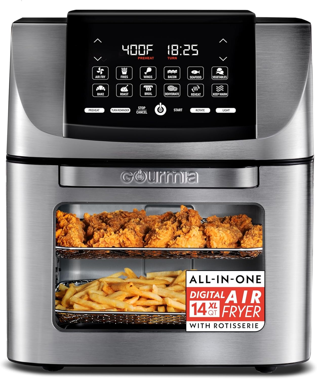 Gourmia Air Fryer - 14 Qt All-in-One Oven with Rotisserie, Digital Display with 12 Presets, Roast, Bake, Broil, Dehydrate, Dishwasher Safe Accessories, Black