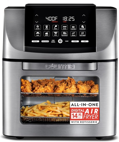 Gourmia Air Fryer - 14 Qt All-in-One Oven with Rotisserie, Digital Display with 12 Presets, Roast, Bake, Broil, Dehydrate, Dishwasher Safe Accessories, Black