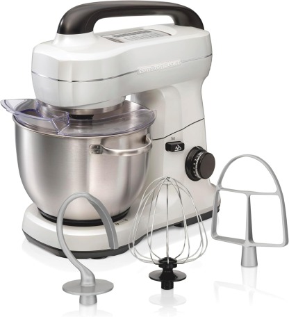 Hamilton Beach Electric Stand Mixer, 4 Quarts, Dough Hook, Flat Beater Attachments, Splash Guard, 7 Speeds with Whisk, Easy-Carry Top Handle, Aqua