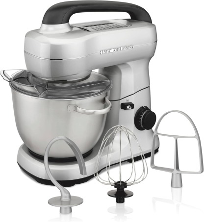 Hamilton Beach Electric Stand Mixer, 4 Quarts, Dough Hook, Flat Beater Attachments, Splash Guard, 7 Speeds with Whisk, Easy-Carry Top Handle, Aqua
