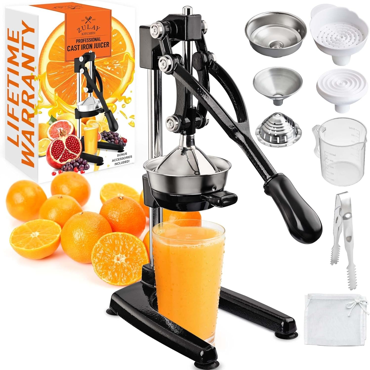 Zulay Kitchen Cast Iron Juicer - Easy-to-Clean Heavy-Duty Manual Juicer, Professional Citrus Juicer - Stainless Steel Lemon Squeezer - Manual Citrus Press & Orange Squeezer - Orange Juicer (Black)