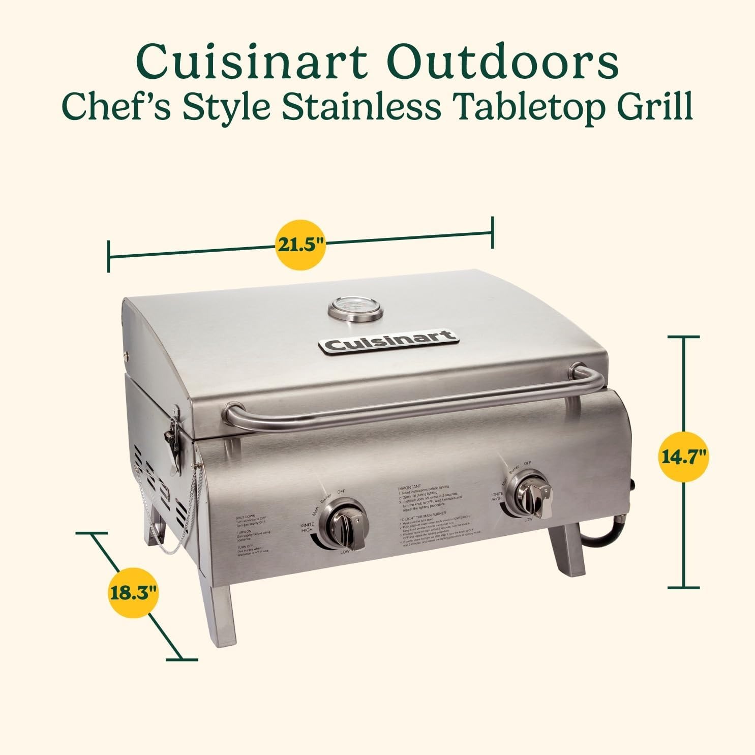 Cuisinart Chef's Style Tabletop Portable Propane Grill, 20,000 BTU Stainless Steel 2-Burner Outdoor Gas Grill for Camping, Tailgates, BBQ, Hassle-Free Setup, Twist-Start Ignition, CGG-306