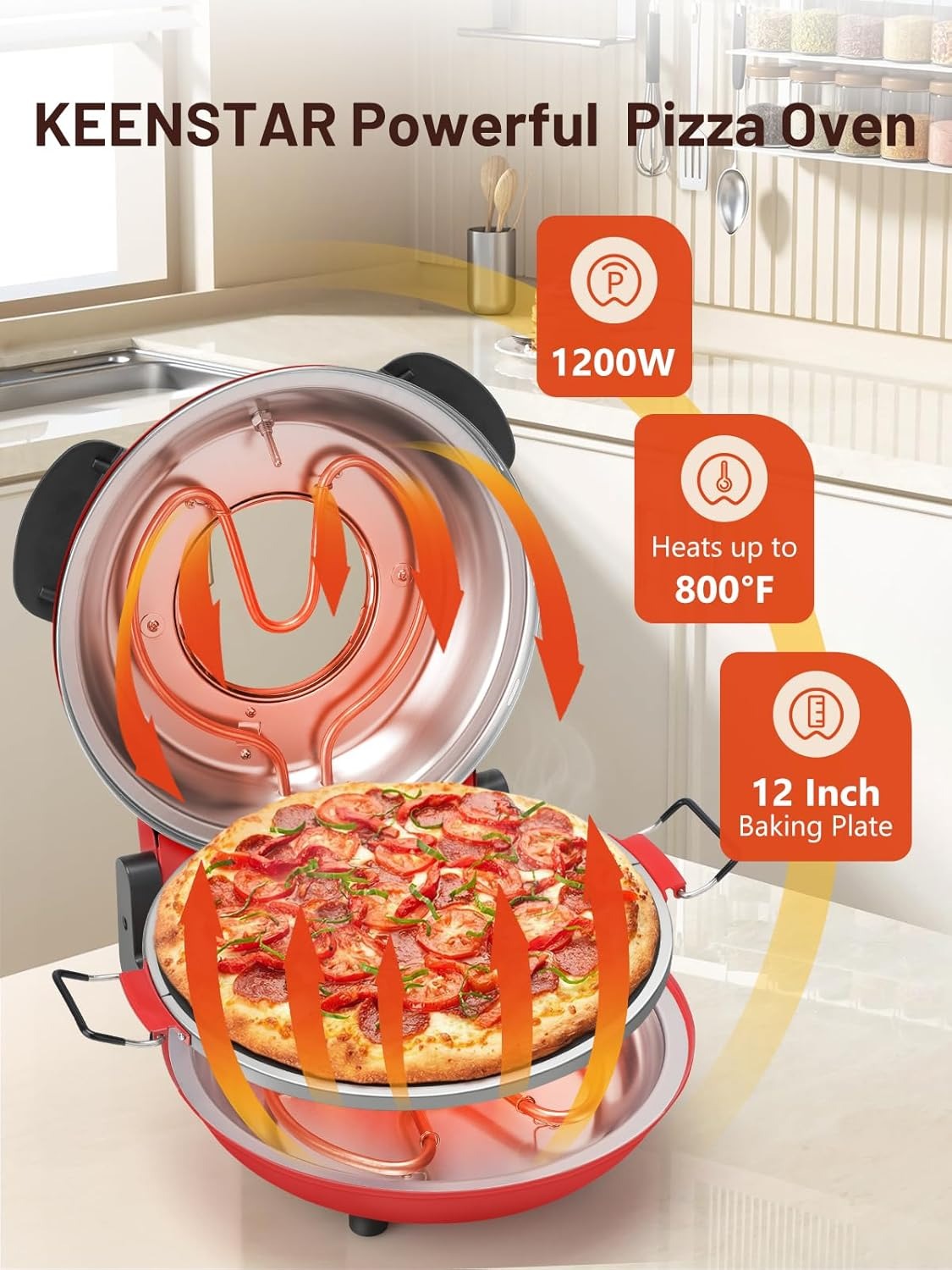 KEENSTAR Electric Pizza Oven Indoor with Glazed Ceramic Stone, 12-Inch Portable Countertop Pizza Maker with Adjustable Timer, 1200W Heat up to 800°F Pizza Maker with Viewing Window for Home DIY Pizza