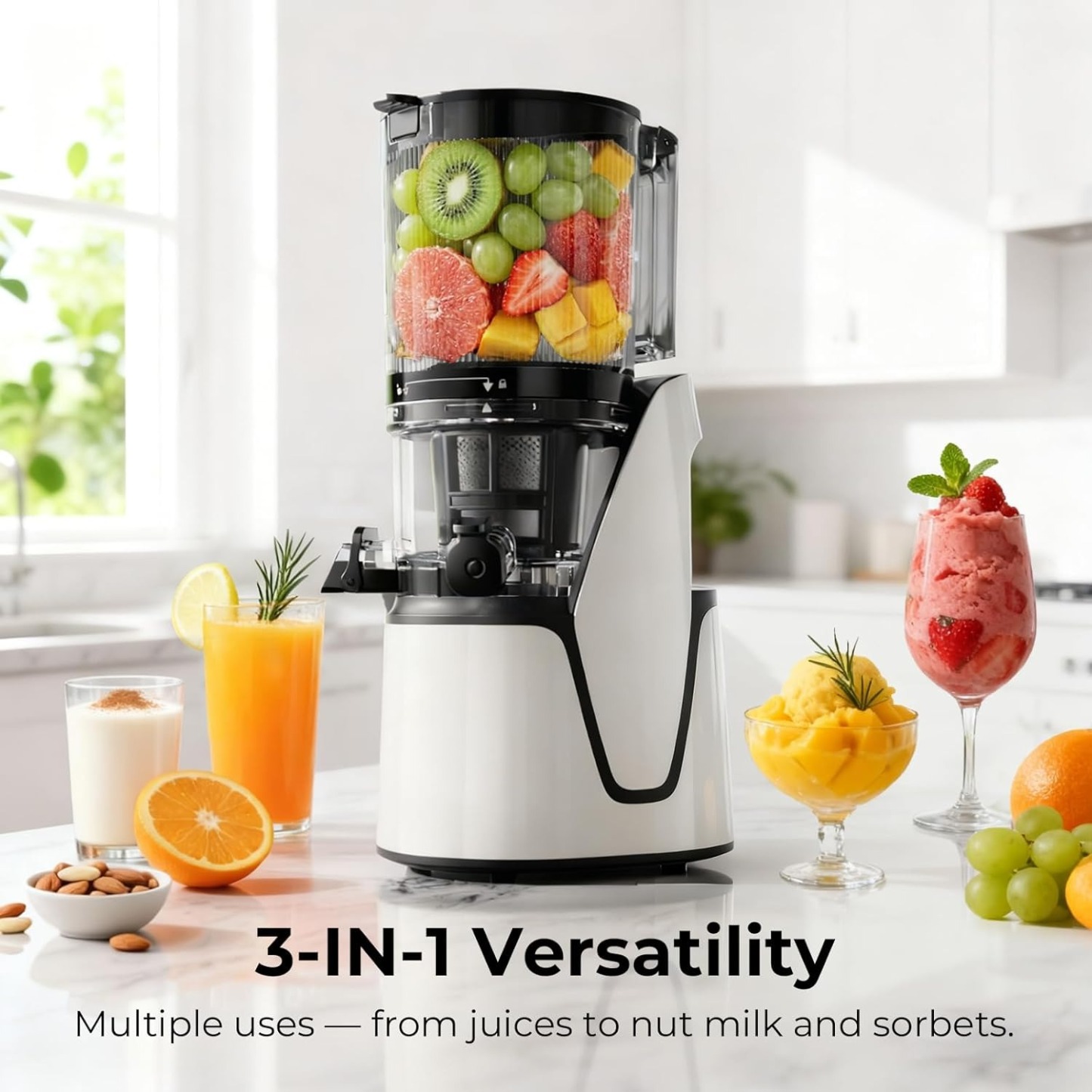 Juicer Machines, 3-in-1 Cold Press Juicer with 6.5" Extra Large Chute, 100oz Large Capacity, AC Motor, Makes Juice, Nut Milk & Sorbet, Bright White