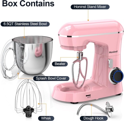 Stand Mixer, 6.5QT 10-Speed Tilt-Head Electric Stand Mixer, 3-In-1 Kitchen Mixer with Bowl, Dough Hook, Whisk and Beater, Food Mixer for Baking, Cake and Most Home Cooks, Pink