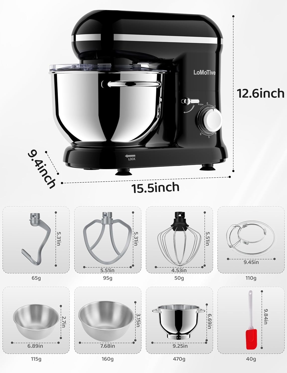 Stand Mixer 6QT Dough Maker - 660W Dough Mixer 6-Speed Electric Mixer with Egg Whisk Dough Hook Flat Beater for Home Kitchen BLACK