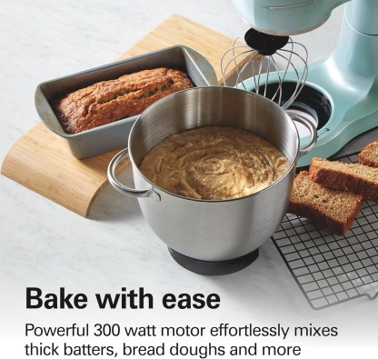 Hamilton Beach Electric Stand Mixer, 4 Quarts, Dough Hook, Flat Beater Attachments, Splash Guard, 7 Speeds with Whisk, Easy-Carry Top Handle, Aqua