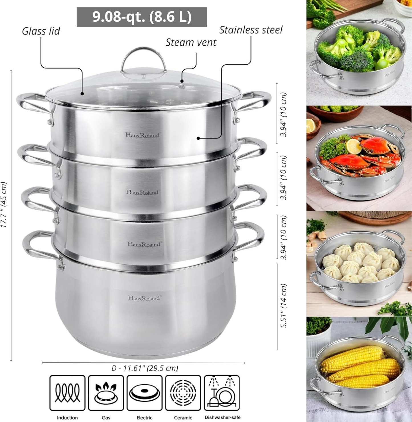 3-Tier Stainless Steel Steamer Pot with Lid Dumpling Steamer Pot for Cooking (3-tiered), Multi-Layer Cookware Pot, Food Vegetable Cooking Pan with Stackable Pan Insert for Vegetable, Dumpling, Meat, Dishwasher safe, Induction Safe (Silver, 9.08-qt. (8.6 L