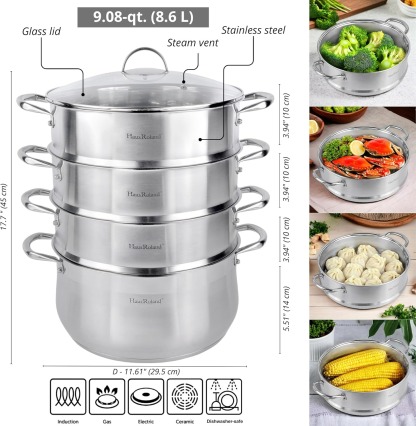 3-Tier Stainless Steel Steamer Pot with Lid Dumpling Steamer Pot for Cooking (3-tiered), Multi-Layer Cookware Pot, Food Vegetable Cooking Pan with Stackable Pan Insert for Vegetable, Dumpling, Meat, Dishwasher safe, Induction Safe (Silver, 9.08-qt. (8.6 L