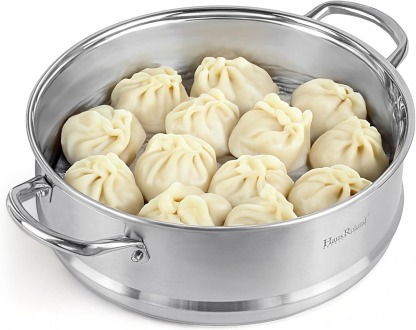 3-Tier Stainless Steel Steamer Pot with Lid Dumpling Steamer Pot for Cooking (3-tiered), Multi-Layer Cookware Pot, Food Vegetable Cooking Pan with Stackable Pan Insert for Vegetable, Dumpling, Meat, Dishwasher safe, Induction Safe (Silver, 9.08-qt. (8.6 L