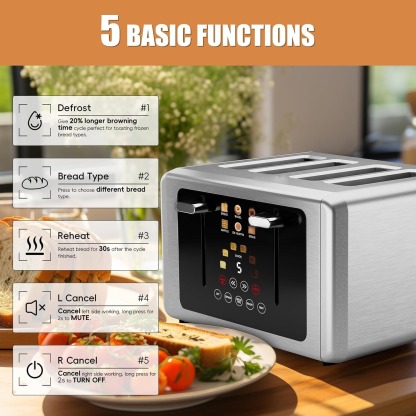 4 Slice Toaster, Touchscreen & Dual Independent Control Panel，5 Basic Functions & Digital Countdown Toasters, 6 Shade Settings＆6 Bread Types, Smart Bread Maker Mute/Screen-Off,Brushed steel