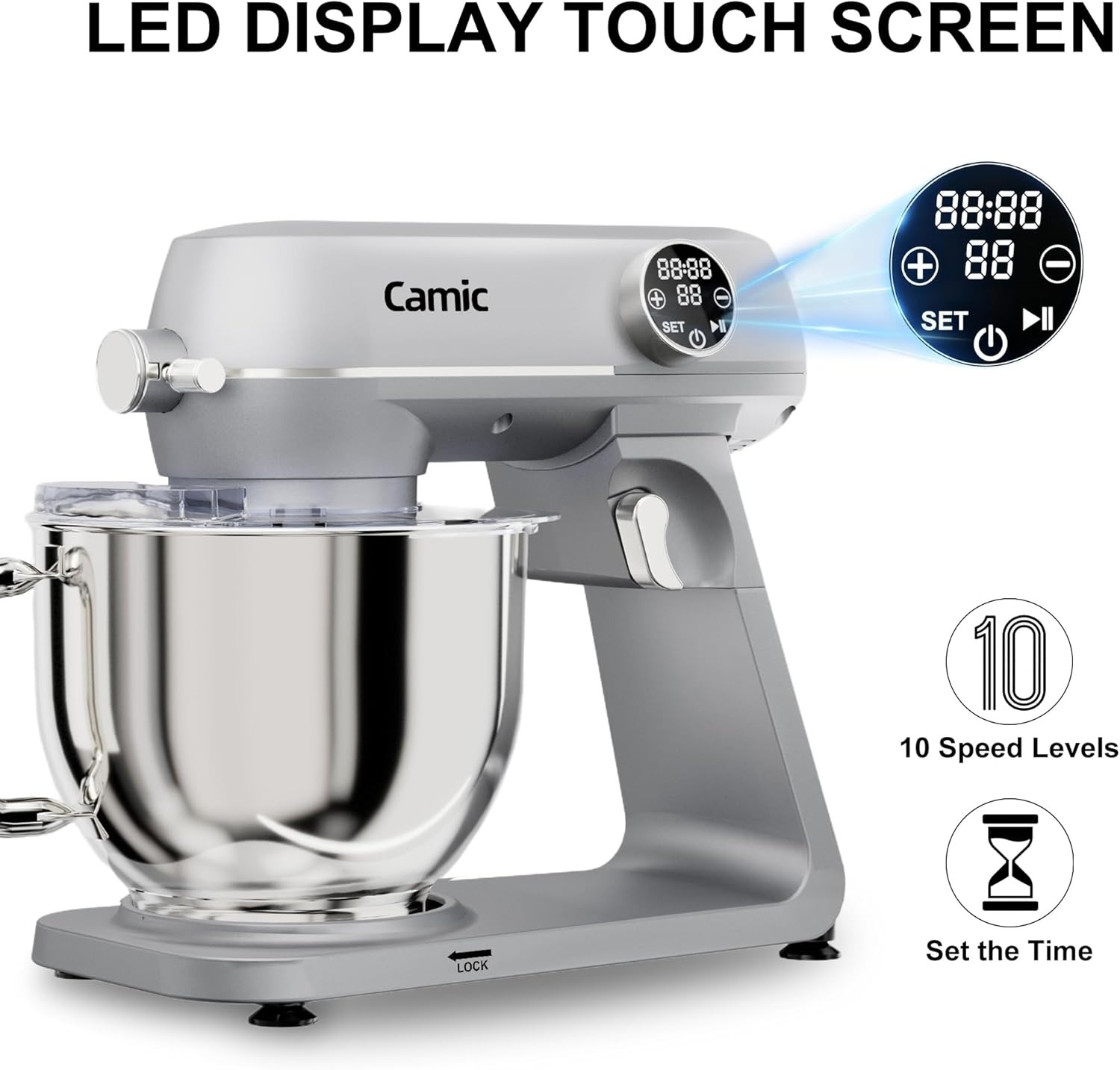 8.45 QT All Metal Stand Mixer,10 Speed Large Capacity Kitchen Mixer with Digital Timer & Tilt-Head, Electric Mixer with Whisk Dough Hook Mixing Beater for Baking,Cakes,Cookie,Bread,Salad(Silver)
