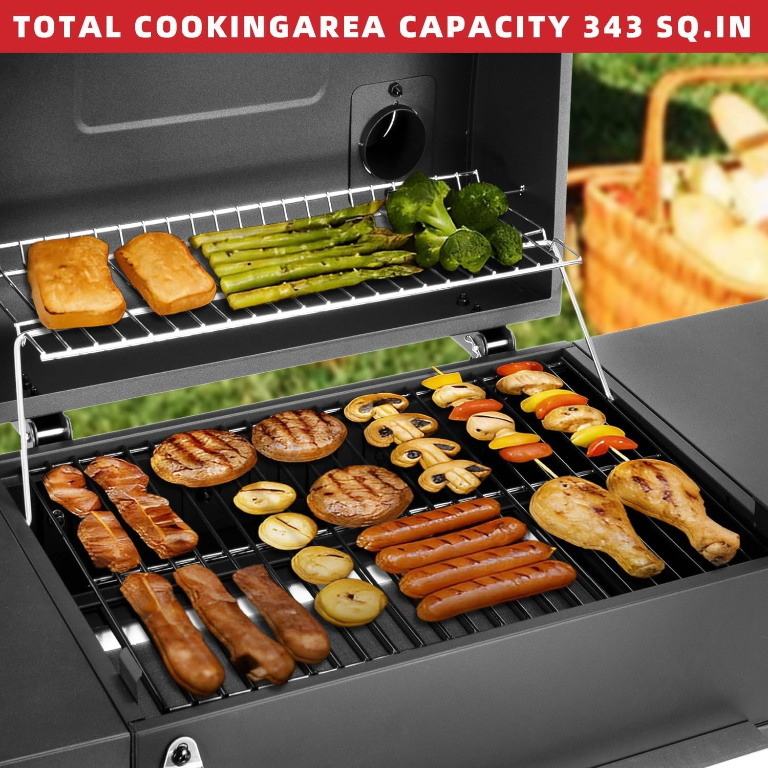 Portable Charcoal Grill with Smoking Function, Foldable Suitcase Design with Wheels, Multi-Tier Storage Rack & Waterproof Cover for Outdoor BBQ Parties (Black)