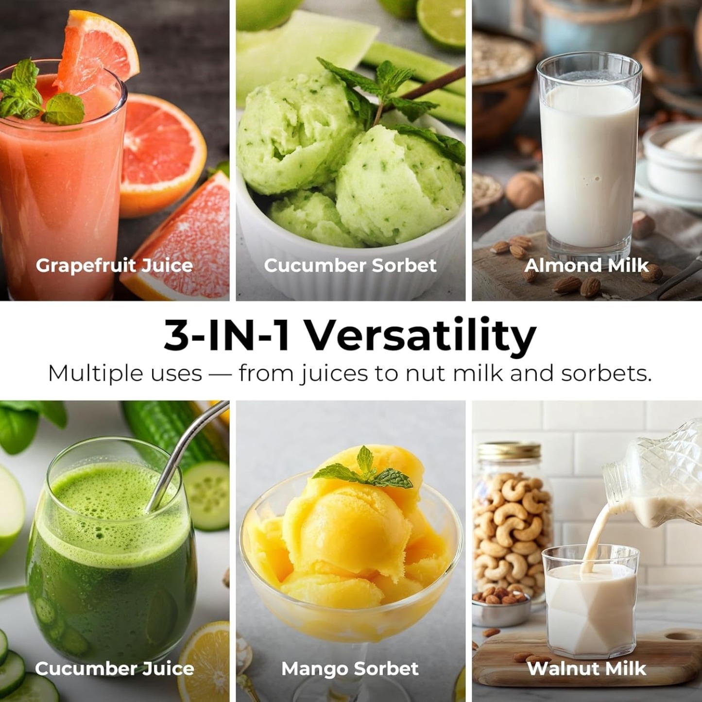 Juicer Machines, 3-in-1 Cold Press Juicer with 6.5" Extra Large Chute, 100oz Large Capacity, AC Motor, Makes Juice, Nut Milk & Sorbet, Bright White