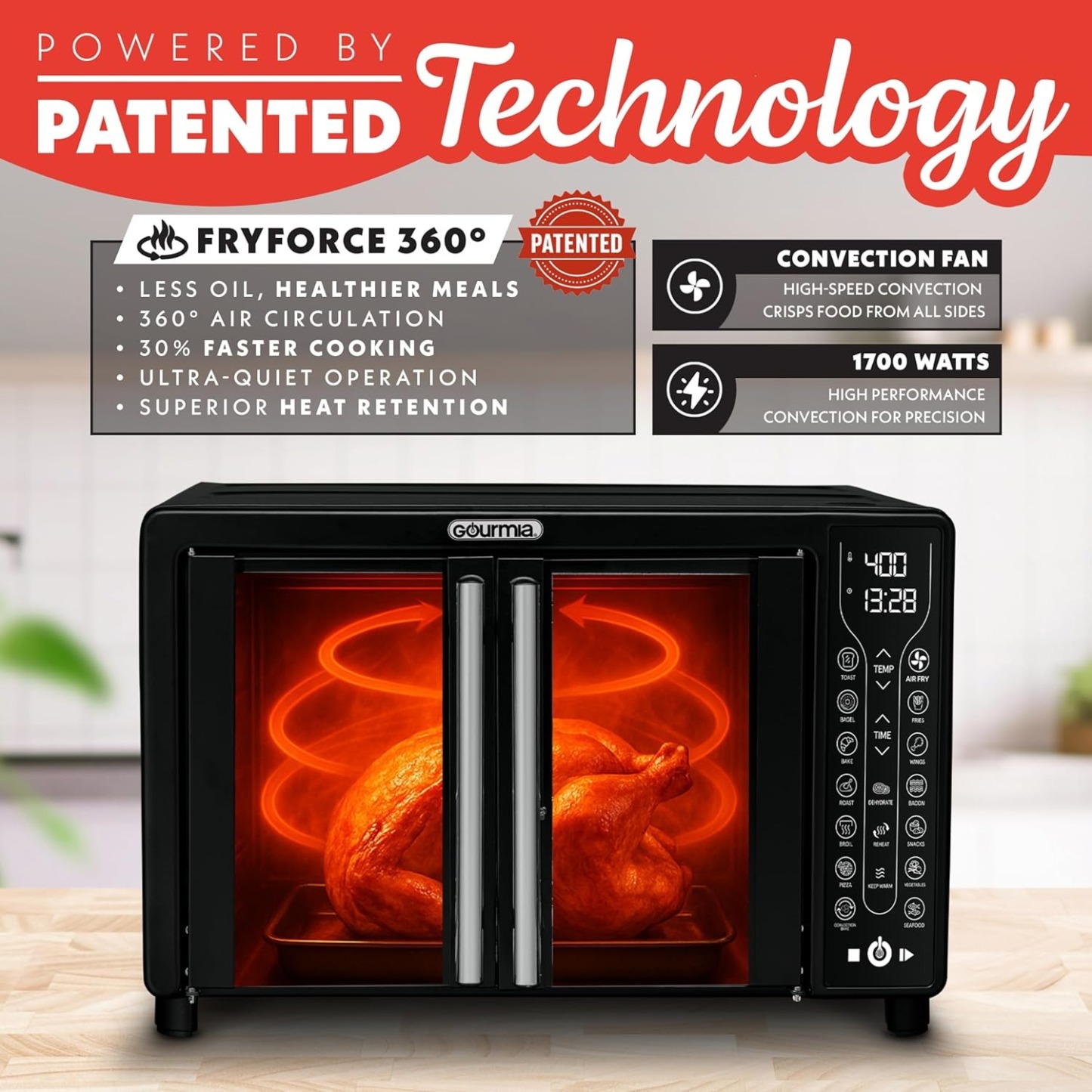 Gourmia French Door Air Fryer – 25 Qt Large Capacity Convection Oven, Fryforce 360°, Digital Display with 17 Cooking Presets, Bake, Toast, Roast, Dehydrate, Fits 12” Pizza