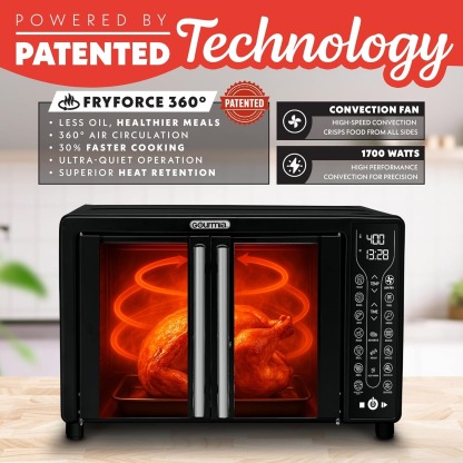 Gourmia French Door Air Fryer – 25 Qt Large Capacity Convection Oven, Fryforce 360°, Digital Display with 17 Cooking Presets, Bake, Toast, Roast, Dehydrate, Fits 12” Pizza