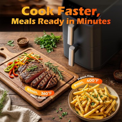 Dual Basket Air Fryer, 12.6QT Family-Size for 10–12 People, XL Basket for 6LB Whole Chicken, DoubleStack Compact Design, 10-in-1 Functions with Reheat, Dehydrate & SyncFinish, Dishwasher-Safe, Black