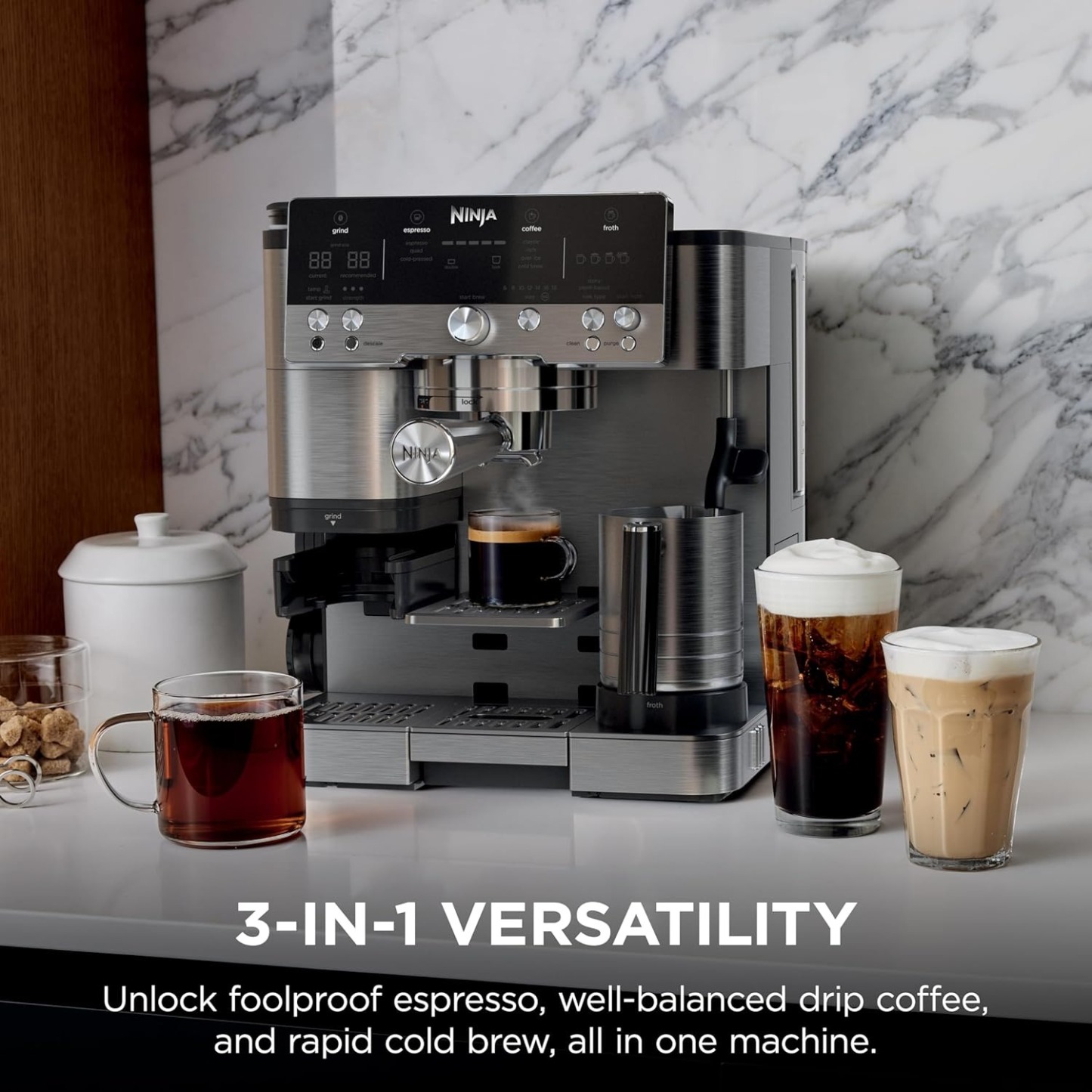 Ninja Luxe Café 3-in-1 Espresso, Drip Coffee and Cold Brew Machine | Integrated Coffee Grinder, Milk Frother, Assisted Tamper & Built-In Espresso Accessory Storage | Stainless Steel | ES601