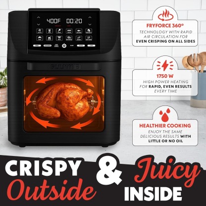 Gourmia Air Fryer - 14 Qt All-in-One Oven with Rotisserie, Digital Display with 12 Presets, Roast, Bake, Broil, Dehydrate, Dishwasher Safe Accessories, Black