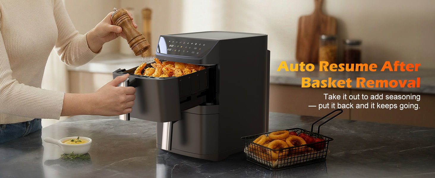 A dual-basket air fryer with a stacked design that cooks two foods at once