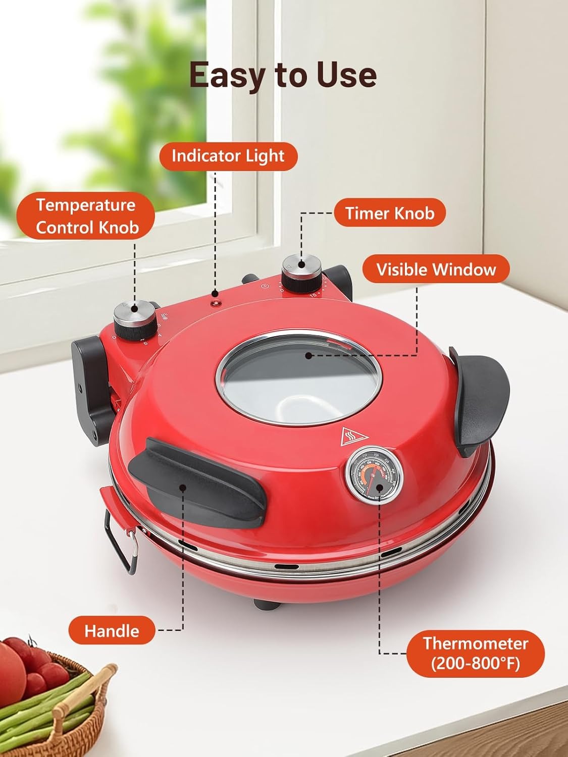 KEENSTAR Electric Pizza Oven Indoor with Glazed Ceramic Stone, 12-Inch Portable Countertop Pizza Maker with Adjustable Timer, 1200W Heat up to 800°F Pizza Maker with Viewing Window for Home DIY Pizza