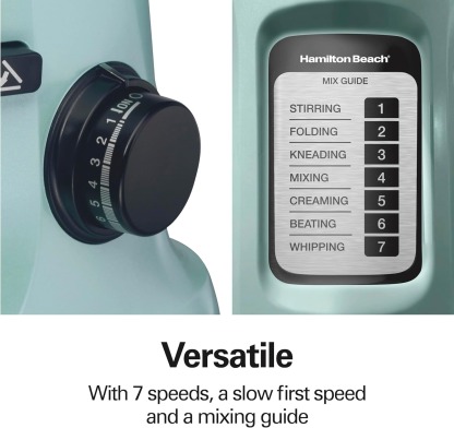 Hamilton Beach Electric Stand Mixer, 4 Quarts, Dough Hook, Flat Beater Attachments, Splash Guard, 7 Speeds with Whisk, Easy-Carry Top Handle, Aqua