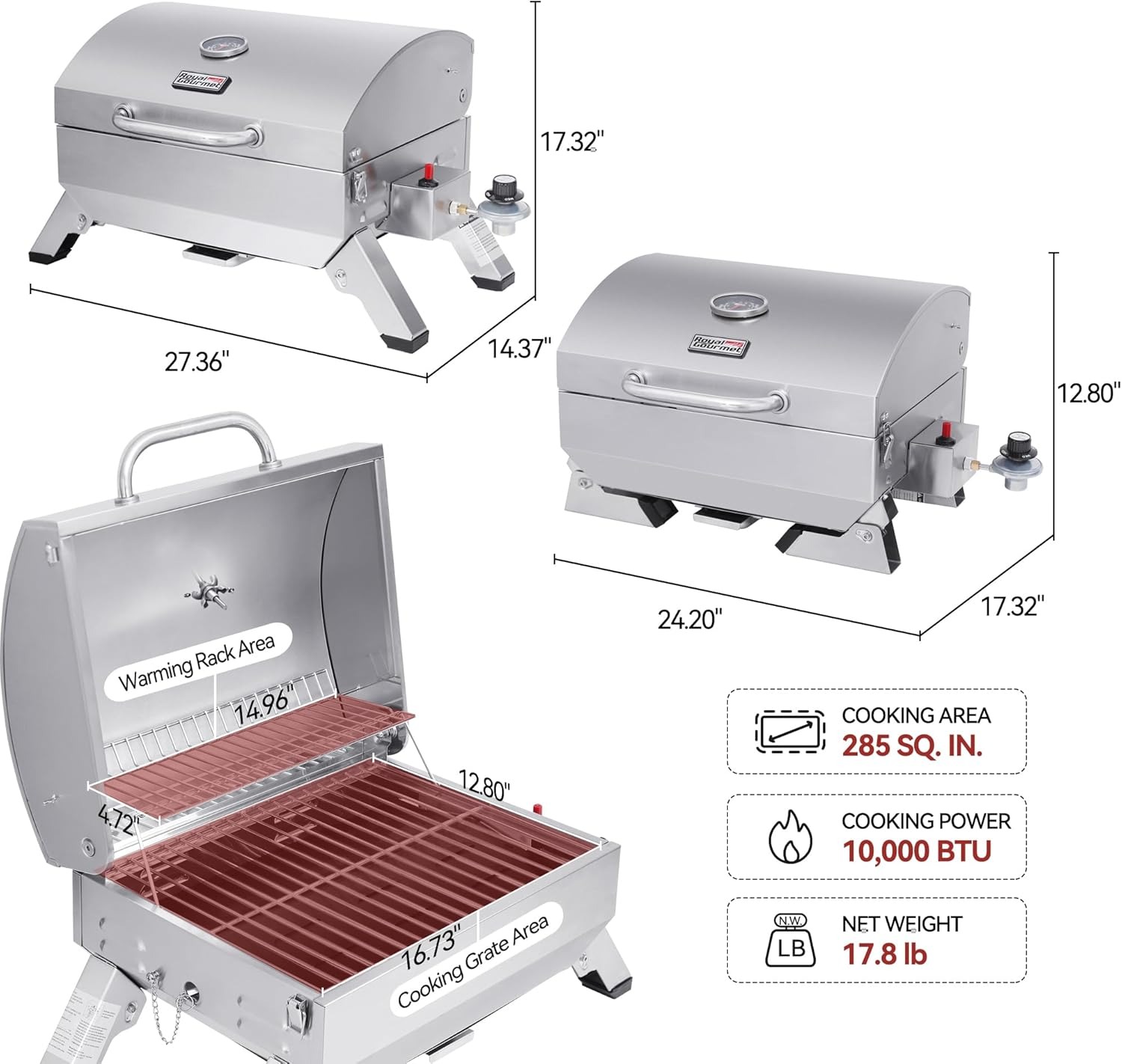 Royal Gourmet GT1001 Stainless Steel Portable Grill, 10000 BTU BBQ Tabletop Gas Grill with Folding Legs and Lockable Lid, Outdoor Camping, Deck and Tailgating, Silver